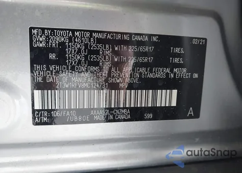 2021 Toyota Rav4 Xle z USA, uszkodzony, nr VIN 2T3W1RFV8MC124731